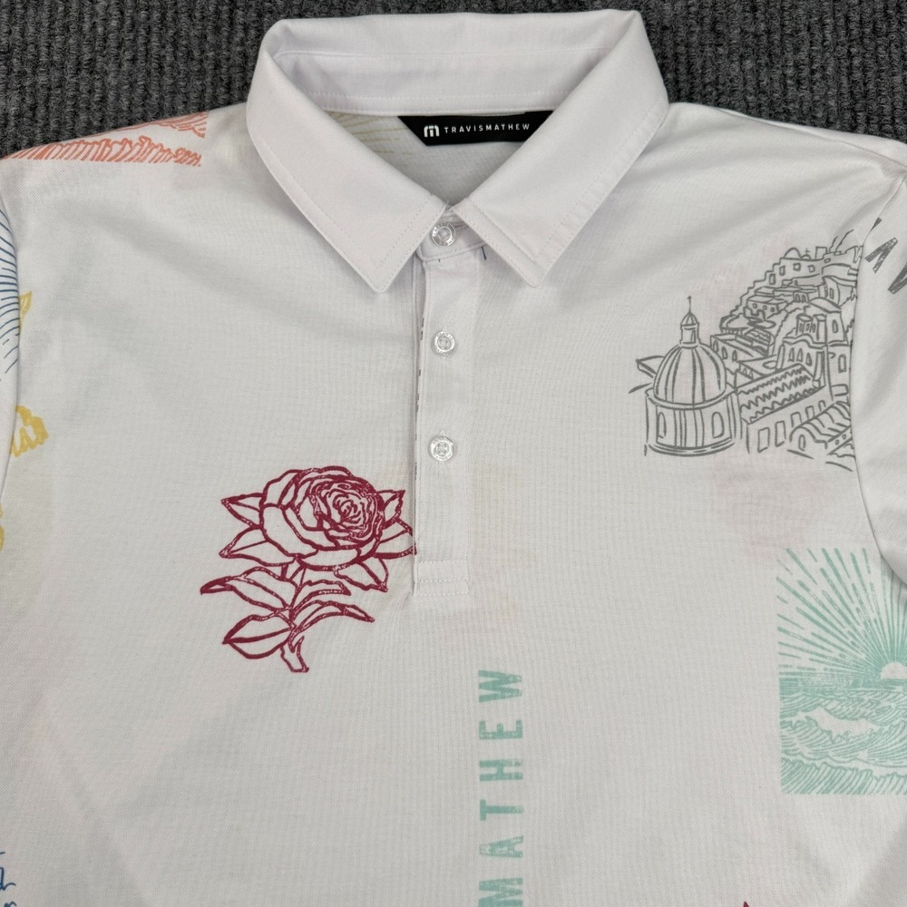 Travis Mathew‎ Mens Short Sleeve Golf Polo Shirt Medium Passport Print Club Logo